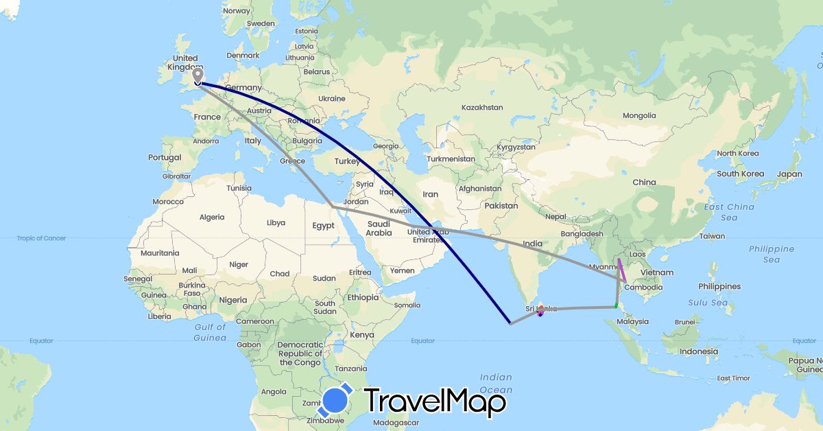 TravelMap itinerary: driving, bus, plane, train, hiking in Bahrain, Egypt, United Kingdom, Sri Lanka, Maldives, Thailand (Africa, Asia, Europe)