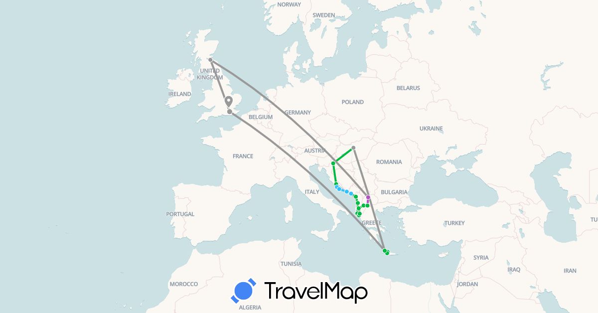 TravelMap itinerary: driving, bus, plane, train, boat in Albania, United Kingdom, Greece, Croatia, Hungary, Montenegro, Macedonia (Europe)